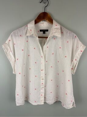 Banana Republic White Short-Sleeve Button-Down linen Shirt with Parasol print Sm